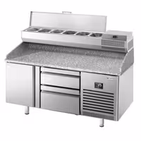 Pizzapult PREMIUM PLUS - 1490x700 mm - 1 ajtó + 2 fiók - feltéthűtővel - 6x GN 1/4 - gránit munkalappal