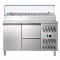 Stół przygotowawczy ECO – 1360 mm – z 1 drzwiami i 2 szufladami – z nadstawką szklaną na 7x GN 1/3