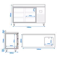 Mostrador refrigerado PREMIUM PLUS - 1468x600mm - de trabajo con fregadero - con 6 cajones (bloque 6x1/3) - encimera con alzatina - 250l