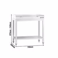 Masă de lucru din oțel inoxidabil PREMIUM – 700 x 700 mm – cu blat de bază – incl. placă de tăiere albă