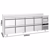 Stół chłodniczy barowy do napojów PREMIUM – 2690 x 600 mm – z 8 szufladami 1/2, rantem i odbijakiem do kawy