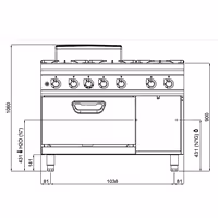 Plinski štednjak - Linija 900 - 1200x900x1060 mm - 60 kW - 6 plamenika - samostojeći - s plinskom pećnicom statičnom - 7,8 kW - GN 2/1