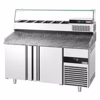 Stół chłodniczy do pizzy PREMIUM - 1550x800mm - z blatem granitowym - 2‑drzwiowy - z nadstawką chłodniczą z osłoną szklaną - 6x GN 1/3
