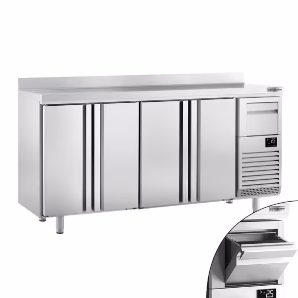 Stół chłodniczy barowy do napojów Premium PLUS – 2450 x 600 mm – z 4 drzwiami, rantem i odbijakiem do kawy