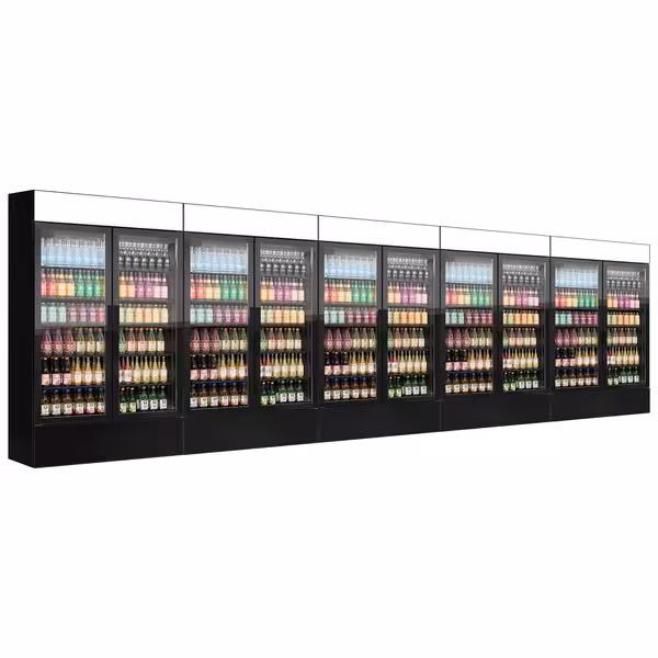 (5 pz) Vetrina frigo per bibite - 6000mm - 6000l - porta in vetro senza cornice - con 10 porte in vetro & cassonetto pubblicitario illuminato & illuminazione LED - Nero