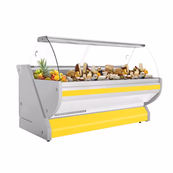 Csemegepult - 2515x1150 mm - 500 liter - statikus - hajlított frontüveges - sárga - gránit munkalap