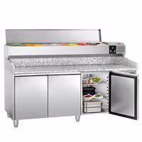 Table réfrigérée à pizza PREMIUM - 2000 x 800 mm - avec 3 portes - incl. vitrine réfrigérée - 10 x GN 1/4