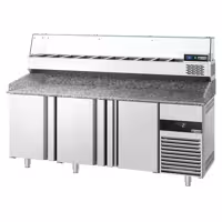Stół chłodniczy do pizzy PREMIUM - 2100x800mm - z blatem granitowym - 3‑drzwiowy - z nadstawką chłodniczą z osłoną szklaną - 10x GN 1/3