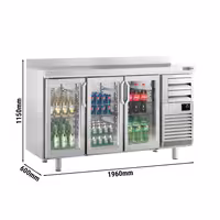 Stół chłodniczy barowy do napojów Premium PLUS – 1960 x 600 mm – z 3 drzwiami szklanymi, 2 szufladami i rantem