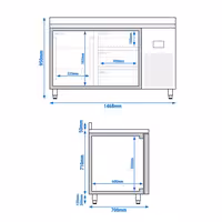 Külmlett PREMIUM PLUS - 1468x700 mm - 305 l - ventileeritud jahutus - koos 1 uksega - Tagaserv - roostevabast terasest tööpind, tagaservaga