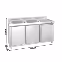 Commercial Sink Cabinet PREMIUM – Stainless Steel – 1400 × 700 mm – with Waste Bin & Twin Left-Hand Bowls