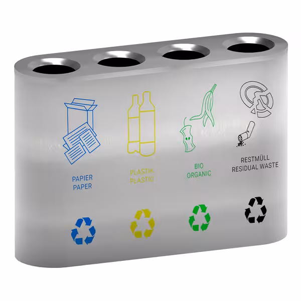 Pattumiera per raccolta differenziata - 4 scomparti da 35 litri ciascuno - 1080x300x800mm - Acciaio inox