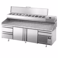 Stół chłodniczy do pizzy PREMIUM PLUS - 3305x800mm - z 3 drzwiami & 3 szufladami - włącznie z witryną chłodniczą nadstawną - 11x GN 1/4