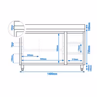 خزانة قاعدية ستانلس ستيل KOPENHAGEN ECO - 1400x700mm - مع أبواب منزلقة ووحدة أدراج 3 يمين و مع حاجز خلفي