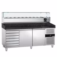 Pizzapult PREMIUM - 2025x800 mm - 2 ajtó + 7 fiók - feltéthűtővel üvegtetővel - 10x GN 1/4 - gránit munkalappal