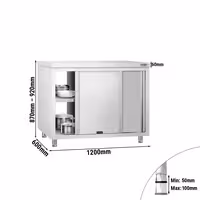 Armário de Trabalho em Aço Inoxidável PREMIUM - 1200x600mm - de passagem - com portas de correr, prateleira de base