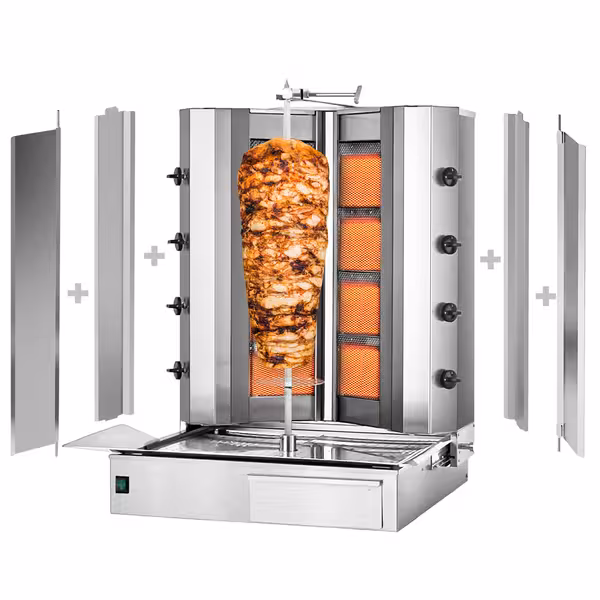 Gas Doner Kebab Grill (Shawarma/Gyros) - 4+4 Burner - up to 100kg - 32.5kW - incl. 2 splash guards & 2 double doors