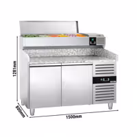 Stół chłodniczy do pizzy PREMIUM - 1500x800mm - z blatem granitowym - 2‑drzwiowy - z nadstawką chłodniczą - 6x GN 1/3