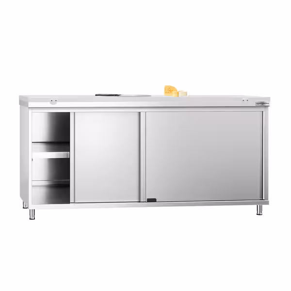 Arbetskåp i rostfritt stål PREMIUM - 1800x700 mm - med 2 skjutdörrar - inkl. skärbräda vit