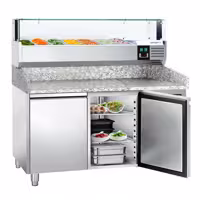 Table réfrigérée à pizza PREMIUM - 1500 x 800 mm - avec 2 portes - incl. vitrine réfrigérée avec LED - 7 x GN 1/4