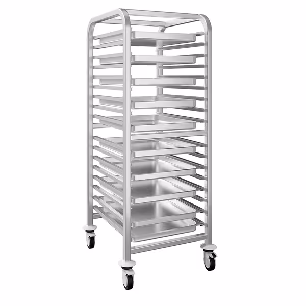 Inox kolica za poslužavnike - za 15 poslužavnika 530x370 mm - kotači Ø 125 mm (2 s kočnicom)