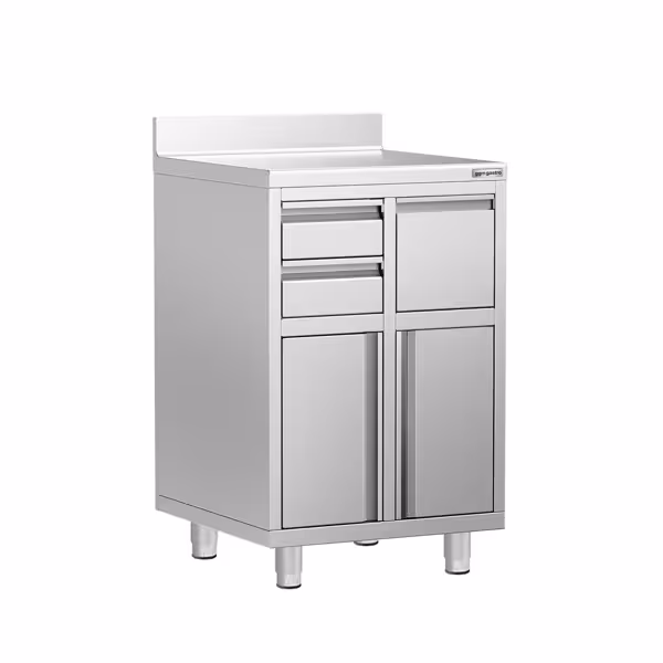 Paslanmaz Çelik Dolaplı Cafe / Bar Çalışma Tezgahı - Sırtlı - Filtre Kahve Makinesi için - 600x600mm - 2 Çekmeceli, 1 Kapılı, 1 Kahve Posa Çekmeceli (Knock Box)