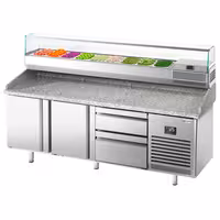 Table réfrigérée à pizza Premium PLUS - 1980x700 mm - avec 2 portes & 2 tiroirs - incl. vitrine réfrigérée - 9x GN 1/4