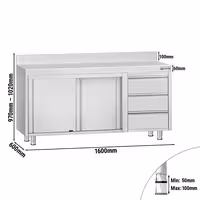 خزانة قاعدية ستانلس ستيل KOPENHAGEN ECO - 1600x600mm - أبواب منزلقة، ووحدة أدراج 3 يمين - مع حاجز خلفي