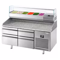 Table réfrigérée à pizza Premium PLUS - 1490x700 mm - avec 4 tiroirs - incl. vitrine réfrigérée - 6x GN 1/4