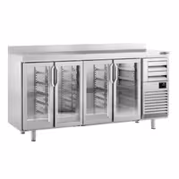 Stół chłodniczy barowy do napojów Premium PLUS – 2450 x 600 mm – z 4 drzwiami szklanymi, 2 szufladami i rantem