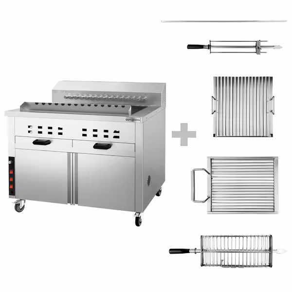 Charcoal Grill - 1120mm - for Adana & Shish Kebab - 15 automatic rotating skewers - with cabinet base
