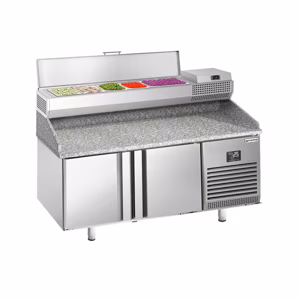 Stół chłodniczy do pizzy PREMIUM PLUS - 1738x800mm - z blatem granitowym - 2‑drzwiowy - z nadstawką chłodniczą - 6x GN 1/3