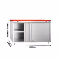 Arbetskåp i rostfritt stål PREMIUM - 1400x600 mm - med 2 skjutdörrar - inkl. skärbräda röd