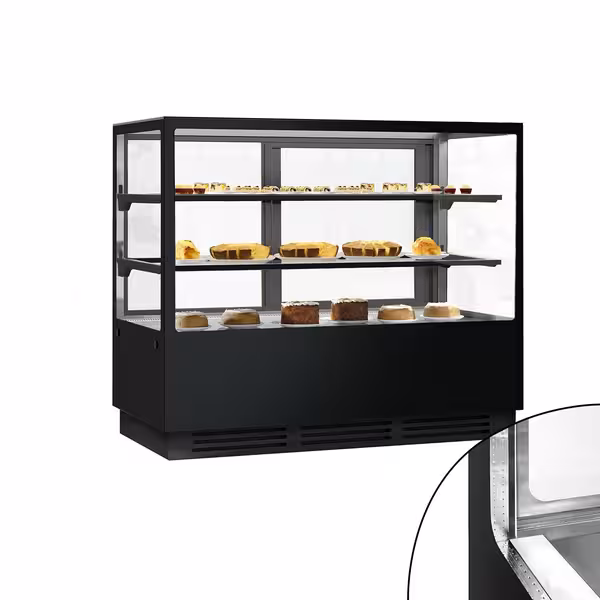 Commercial cake display fridge - 580L - 1500mm - Double glazing - square - with 2 glass shelves - rear sliding doors - for patisserie - Black