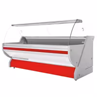 Csemegepult - 2965x1150 mm - 570 liter - statikus - hajlított frontüveges - piros - gránit munkalap