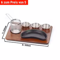 (6 pcs) Sizzle Platter Set - 6-piece set - incl. wooden base, baskets & dip bowls - cast iron pan & stainless steel accessories - 350x260mm - oval