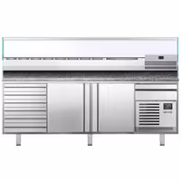 Table réfrigérée à pizza Premium PLUS - 2305x800 mm - avec 2 portes & 7 tiroirs - incl. vitrine réfrigérée pour ingrédients - 11 bacs GN 1/4