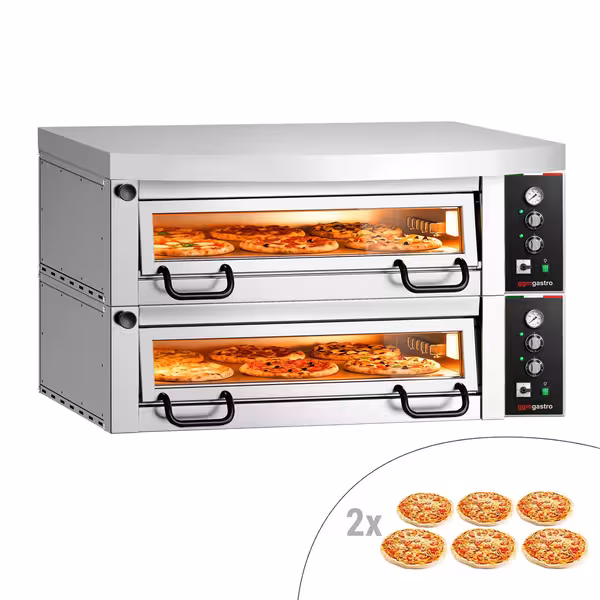 Electric Deck Pizza Oven Power  - Twin Deck - Refractory Stone Deck - 6+6 x Ø 34cm (13.4") - 230V 3 Phase - Mechanical Controls - up to 450°C - incl. Hood