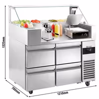Mesa saladette de preparación - 1210x700mm - con 4 cajones - para 9x GN 1/6 - incl. parrilla de contacto & máquina para hamburguesas