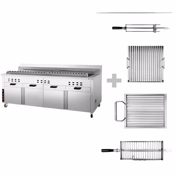 Charcoal Grill - 2000mm - with cabinet base - for Adana & Shish Kebab - 30 automatic rotating skewers