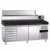 Stół chłodniczy do pizzy PREMIUM - 2025x800mm - z blatem granitowym - 2‑drzwiowy, 7 szuflad - z nadstawką chłodniczą - 10x GN 1/4
