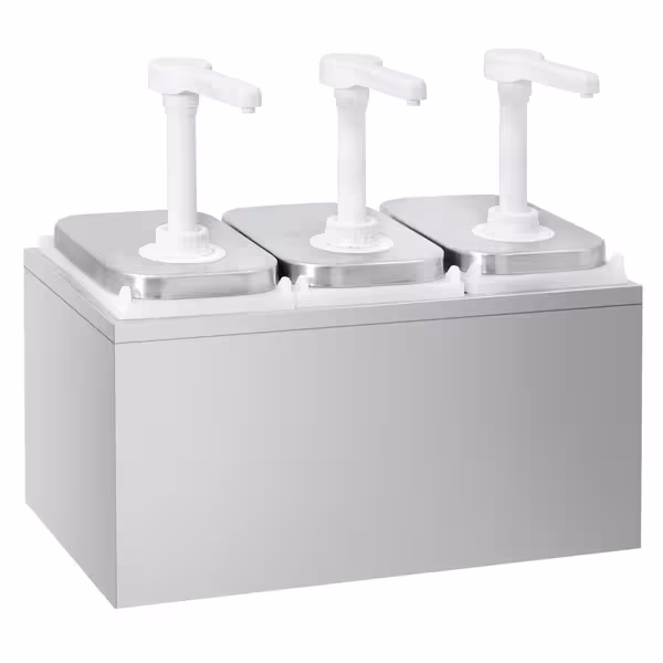 Dozator sosuri - oțel inoxidabil - 3x 2 litri - dozare 30 ml - 375x215x325 mm - cu Recipient - incl. Suport inox dozatoare sosuri