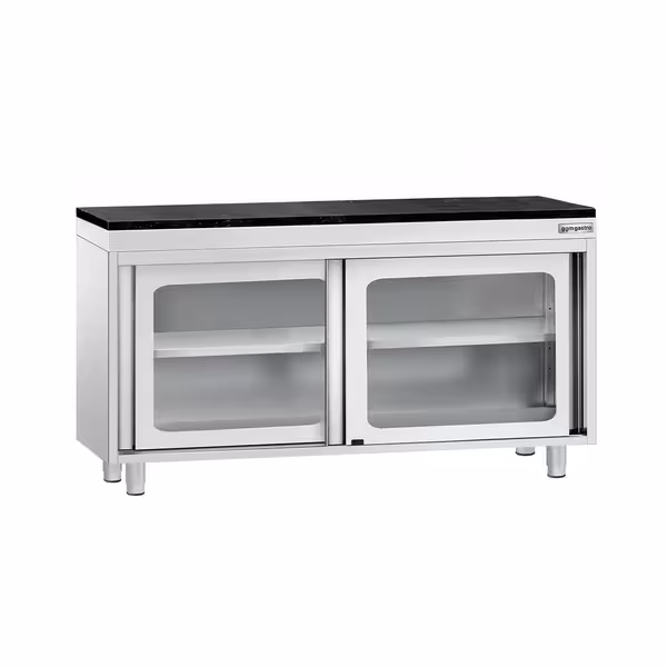 Rozsdamentes acél munkaszekrény PREMIUM – 1400x600 mm – üveges tolóajtóval – gránit munkalapmal