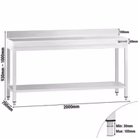 Commercial Stainless Steel Centre Table PREMIUM - 2000x700mm - with Undershelf - with Rear Upstand - with Cross Bracing