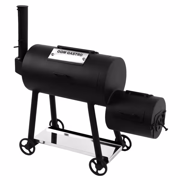 Compact Commercial Offset Smoker - Manual - with 1 Racks - 450x165mm - on Wheels - Black