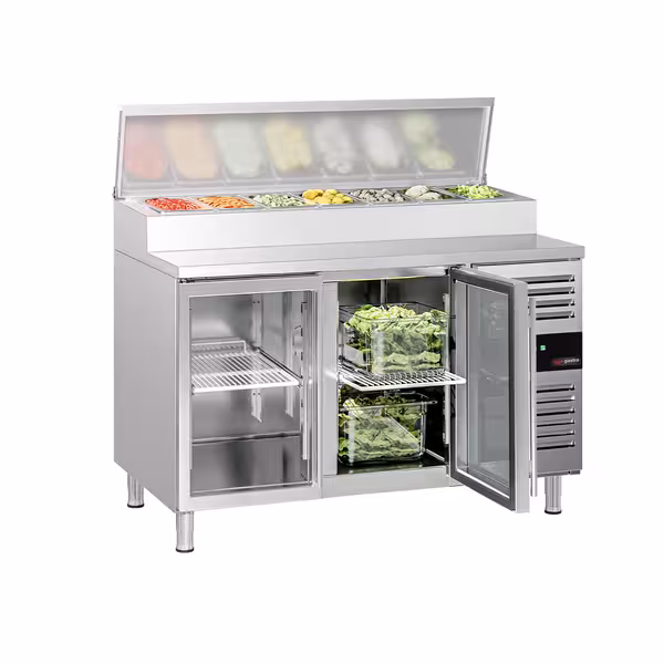 Stół przygotowawczy PREMIUM – 1360 mm – na 7x GN 1/3 – z 2 drzwiami szklanymi