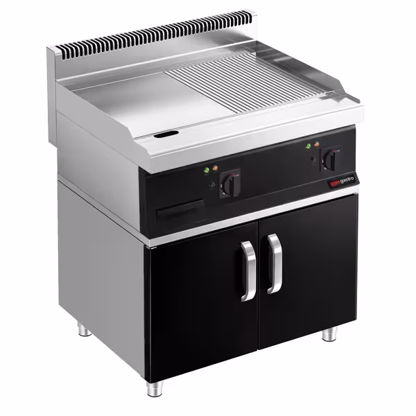 Plancha eléctrica Fry top - placa de acero rectificado - 13,80 kW - Mixto liso/ranurado - Superficie de cocción: 795x535mm - con armario base 2 puertas