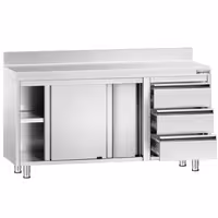 خزانة قاعدية ستانلس ستيل KOPENHAGEN PREMIUM - 1400x700mm - أبواب منزلقة، ووحدة أدراج 3 يمين - مع حاجز خلفي