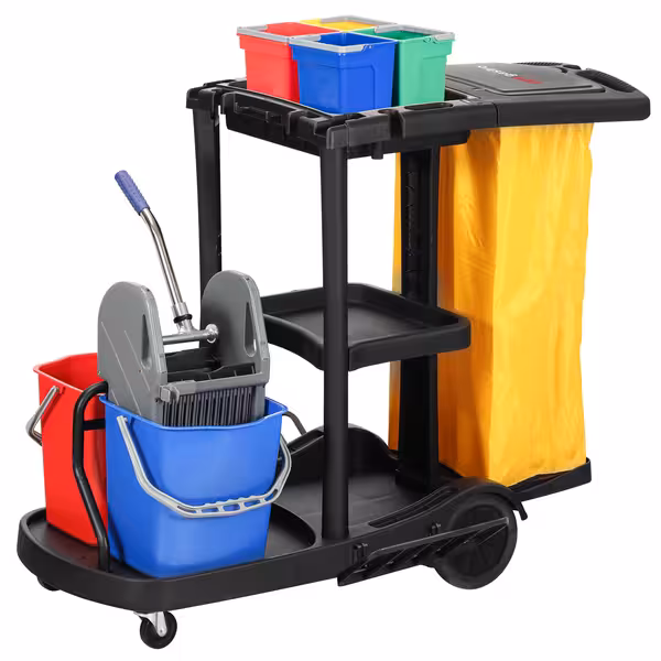 Cărucior de curățenie – cu 6 recipiente, storcător de mop și sac pentru rufe – Negru