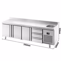 Mostrador refrigerado PREMIUM PLUS - 2452x600mm - de trabajo con fregadero (1 cubeta) - 3 puertas y 3 cajones (bloque 3x1/3) - encimera con alzatina - 510l